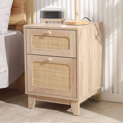 Rattan Nightstand Set with Charging Station, Handmade Rattan Decorated Drawer and Door, Natural