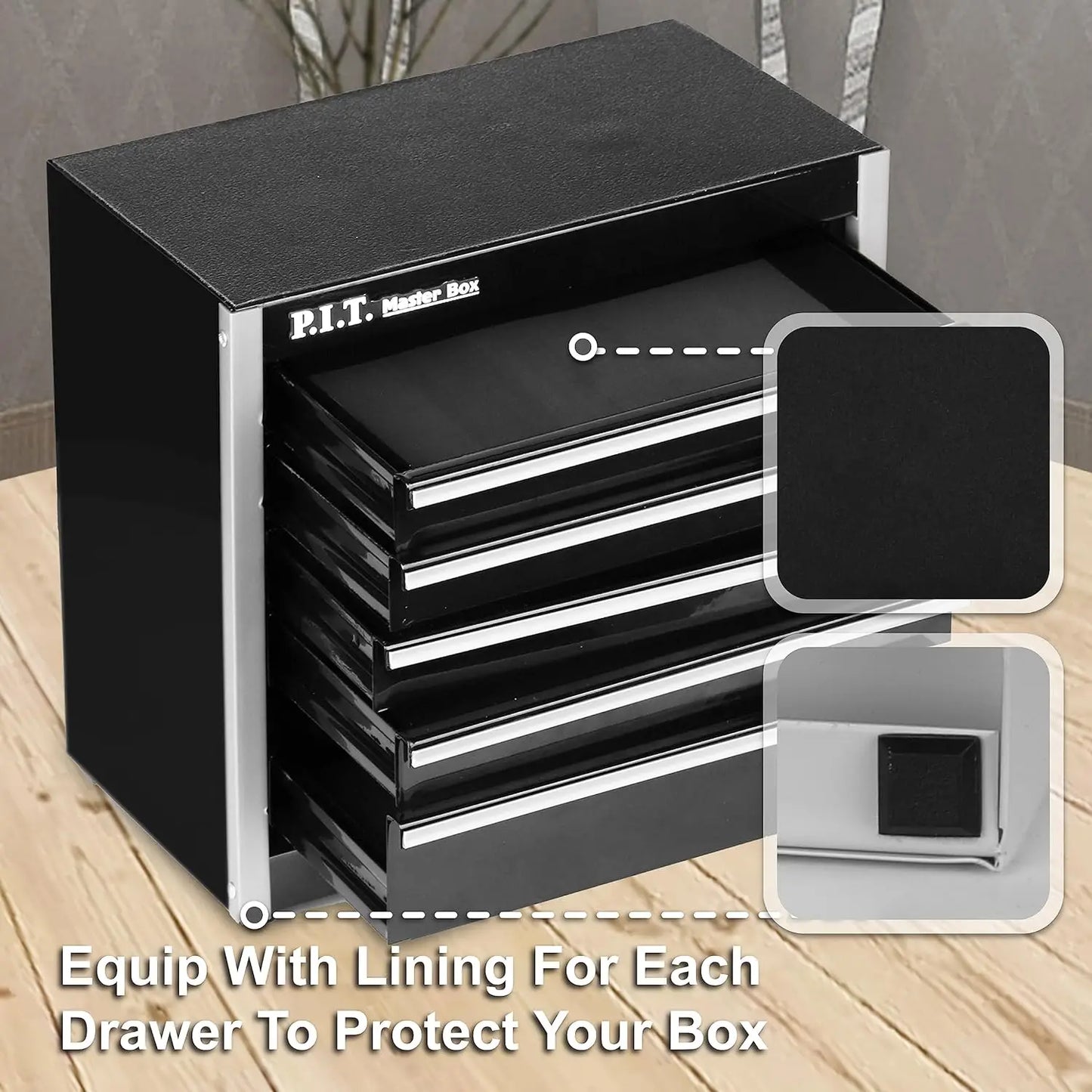 P.I.T. Mini Black Tool Box, Portable 5-Drawer Micro Roll Cab Steel Tool Box with Liner, Black Small Tool Case for Tools Storage,