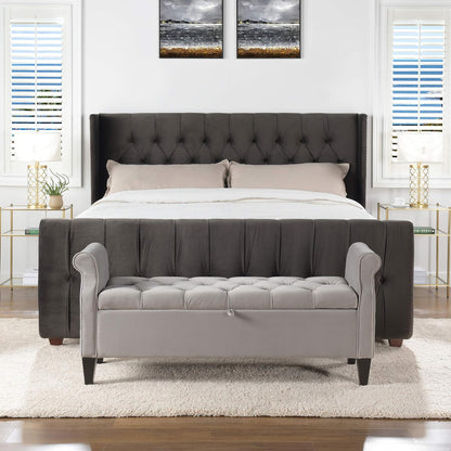 David Collection Modern Upholstered King Size Size Bed Frame, Hand Tufted and Nailhead Trim, Dark Charcoal Grey