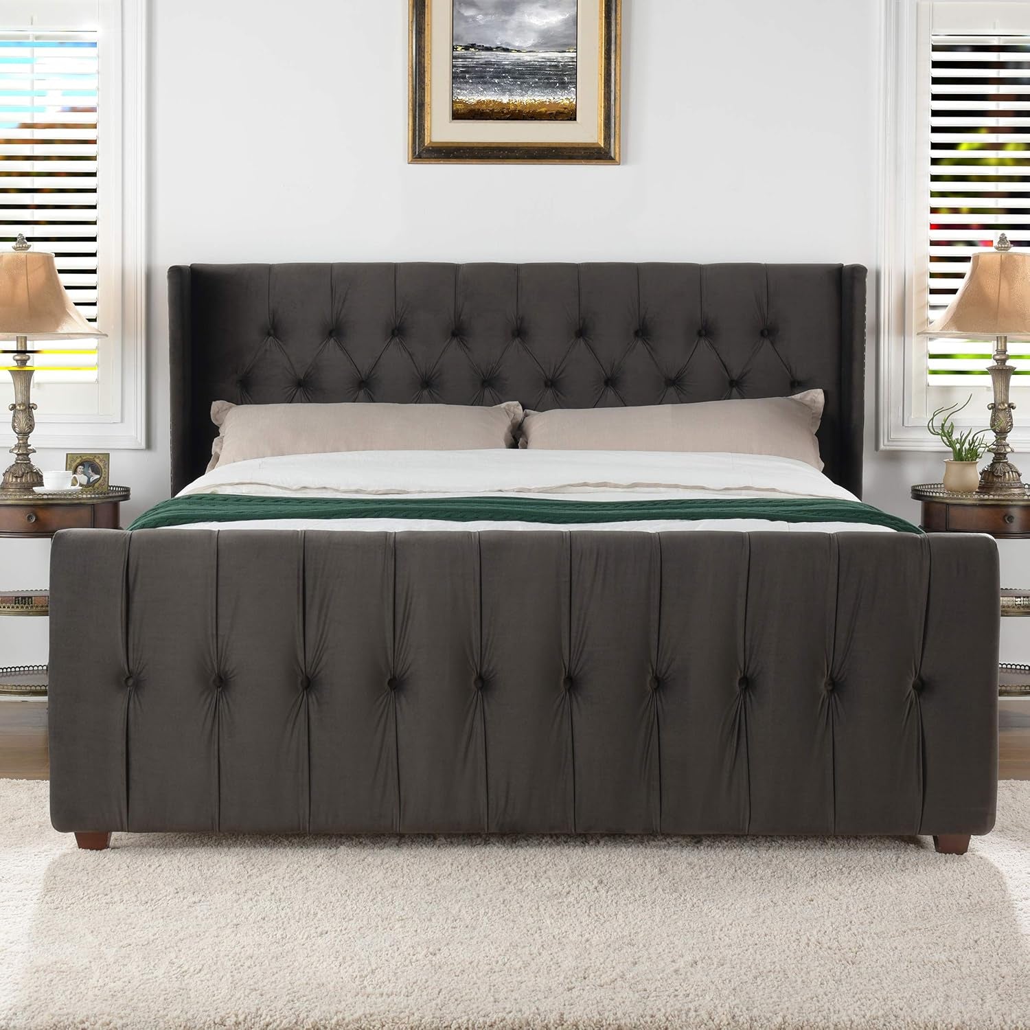 David Collection Modern Upholstered King Size Size Bed Frame, Hand Tufted and Nailhead Trim, Dark Charcoal Grey