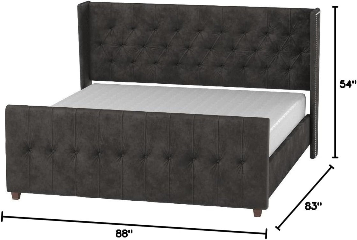 David Collection Modern Upholstered King Size Size Bed Frame, Hand Tufted and Nailhead Trim, Dark Charcoal Grey