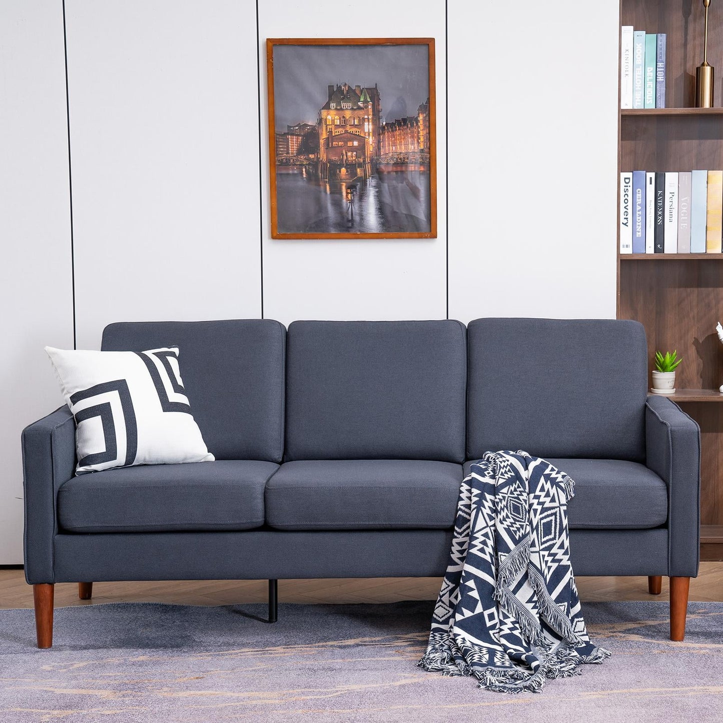 3 Seat Couch Mid Century Fabric Sofa with Wood Legs, Comfortable Sofa Couch for Small Apartment Living Room Bedroom Dark Grey