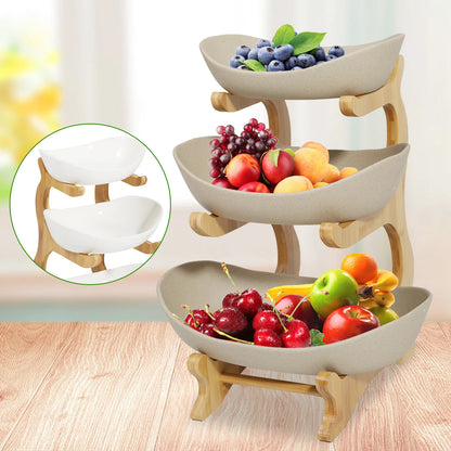 3 Layer Multi-Layer Ceramic Fruit Plate Bamboo Wooden Frame Household Basket Bowl Holder Vegetables Storage Kitchen Organizer