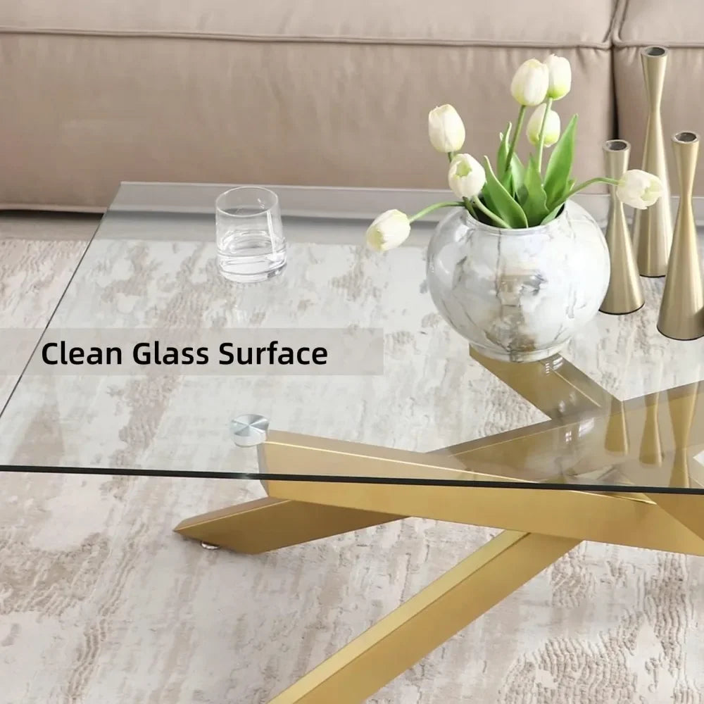 Coffee Tables Tempered Glass Top and Metal Tubular Leg Coffee Tables for Living Room Gold Cafe Table 47.3”Lx23.6”Wx18.1”H Center