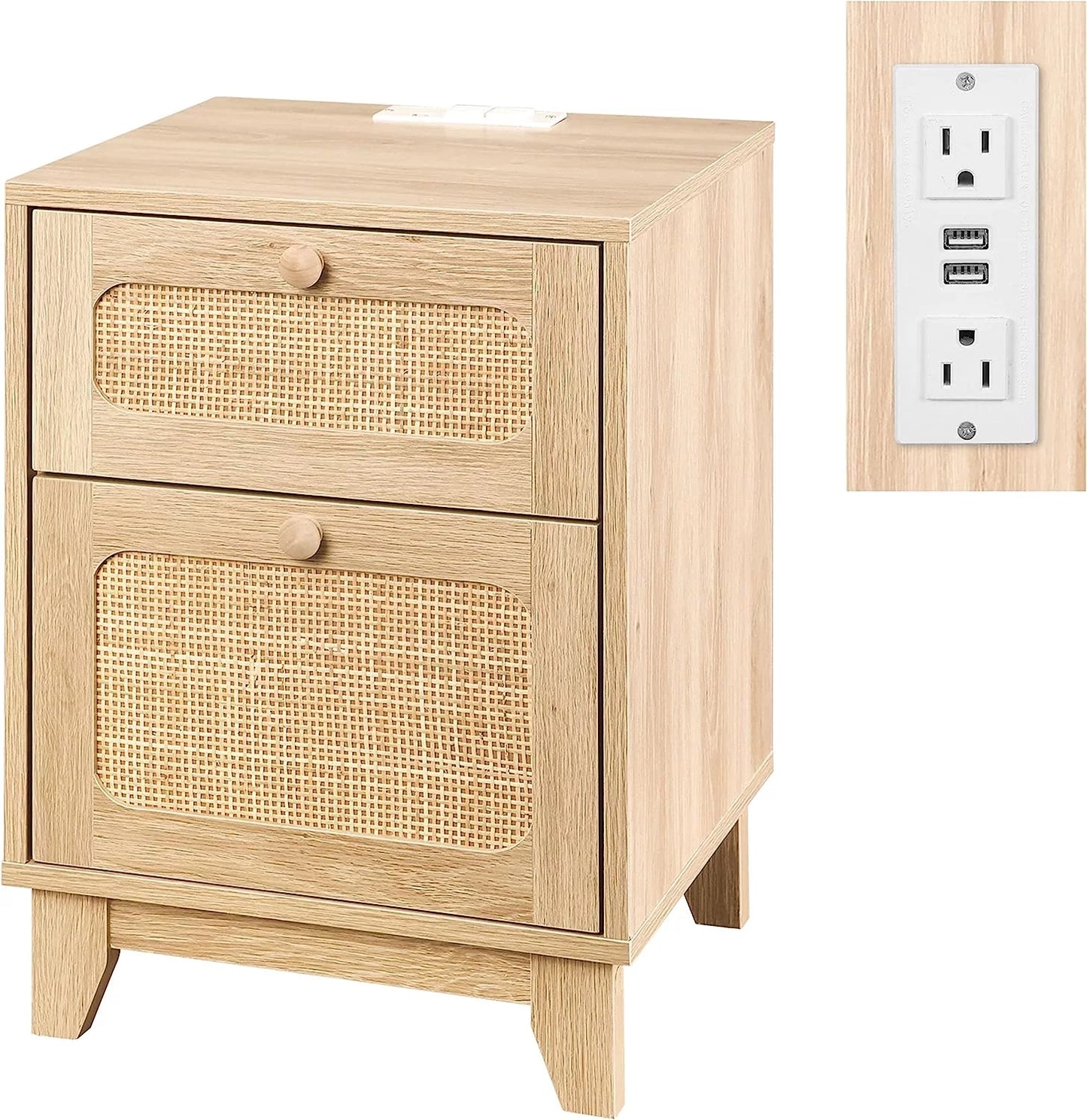 Rattan Nightstand Set with Charging Station, Handmade Rattan Decorated Drawer and Door, Natural