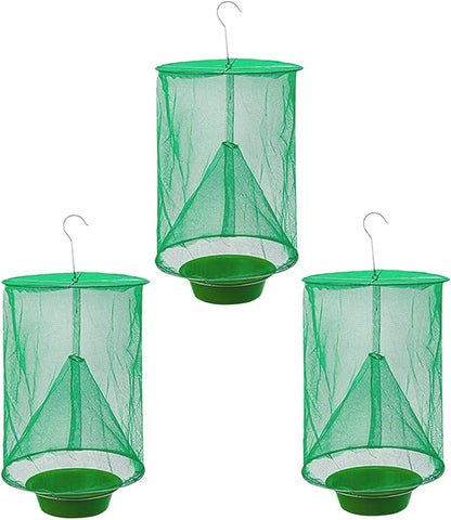 Ranch Fly Trap Outdoor Hanging | Reusable Fly Trap | Food Bait Flay Catcher Cage for Indoor or Outdoor Family Farms, Park (3 Pack)