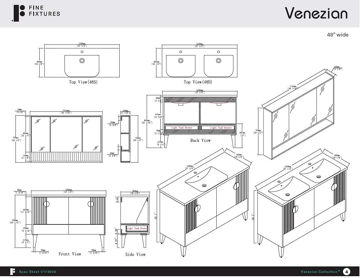 Venezian Collection - 48" Single Black Bathroom Vanity, Brass Handles.