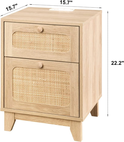 Rattan Nightstand Set with Charging Station, Handmade Rattan Decorated Drawer and Door, Natural