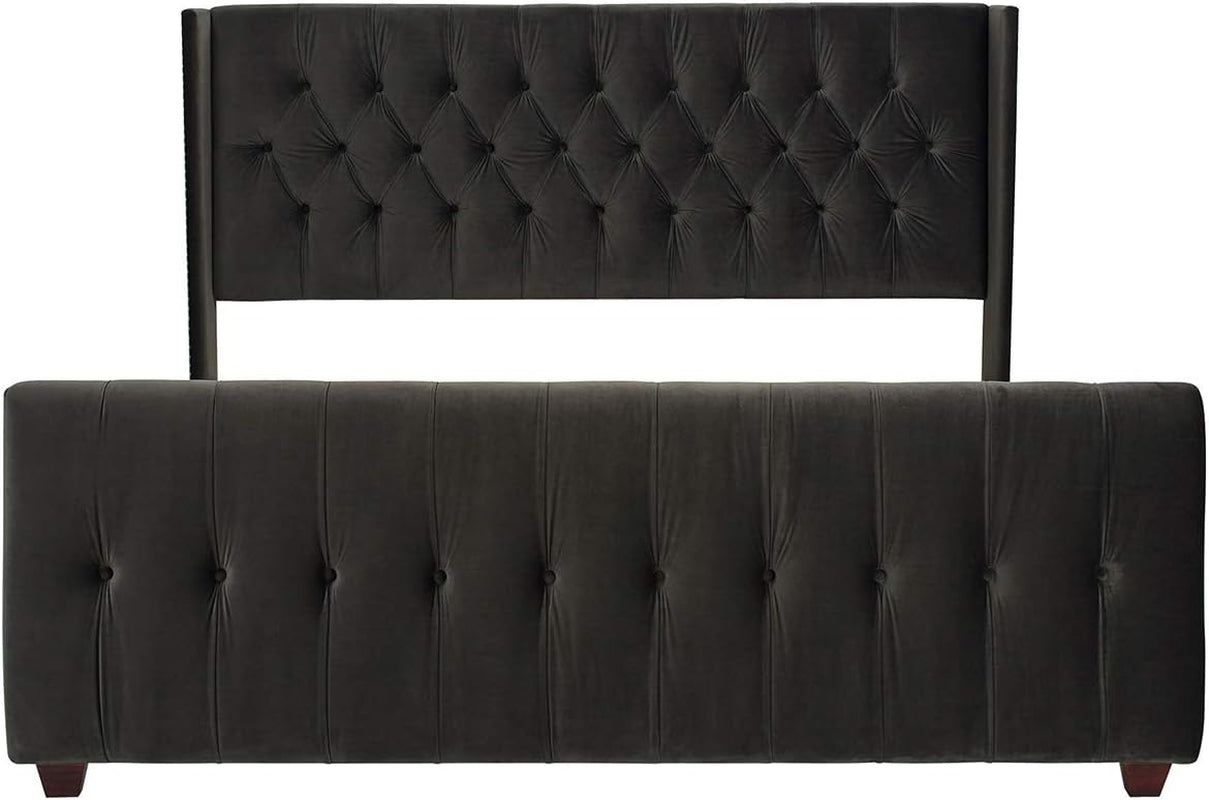 David Collection Modern Upholstered King Size Size Bed Frame, Hand Tufted and Nailhead Trim, Dark Charcoal Grey