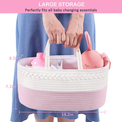 Baby Diaper Caddy, Nursery Storage Bin and Car Organizer for Diapers and Baby Wipes, Cotton Rope Diaper Basket Caddy, Changing Table Diaper Storage Caddy Baby Gift Baskets -Pink